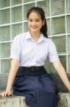 Portrait Of Thai High School Student Uniform Teen Beautiful Girl Happy And Relax, Stock Photo