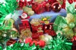 Green Ribbon And Accessory Decorations In Christmas Day Stock Photo