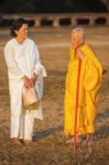 Two Unidentified Buddhist Female Monks Dressed In Orange And Whi Stock Photo