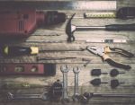 Set Of Tools Over A Wood Background Stock Photo