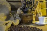 Cup Of Coffee, Coffee-beans, Coffee Grinder, Coffee Sack	 Stock Photo