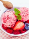 Close Up Ice Cream Mixed Berry Fruits Raspberry ,blueberry ,stra Stock Photo