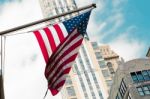 America Usa Flag Waving Building Street City Stock Photo