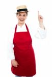 Middle Aged Chef Pointing Upwards Stock Photo