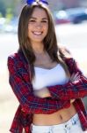 Fashion Portrait Of Beautiful Girl In The City Stock Photo