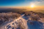 Sunrise On Deogyusan Mountains Covered With Snow In Winter,south Korea Stock Photo