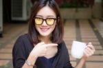 Portrait Of Thai Adult Glasses Beautiful Girl Drinking Coffee Stock Photo