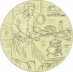 Medieval Cook Kitchen Oval Drawing` Stock Photo