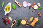 Steak Concept With Dark Stone Background. Ingredients For Making Stock Photo