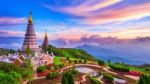 The Best Of Landscape In Chiang Mai. Pagodas Noppamethanedol & Noppapol Phumsiri At Sunset In Inthanon Mountain, Thailand Stock Photo