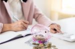 Business Man Counting Money At The Table, Accounting Concept Stock Photo