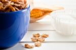 Cornflakes In A Blue Bowl Stock Photo