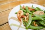 Fried Shrimp, Pork And Sweet Peas Stock Photo