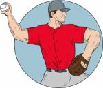 American Baseball Pitcher Throwing Ball Circle Drawing Stock Photo