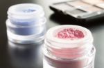 Cosmetics Pink And Blue Eyeshadow With Palette Stock Photo