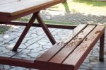 Waterdrops On Bench In Summer Stock Photo