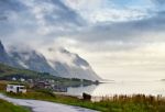 Norway Villages In Fjord. Cloudy Nordic Day Stock Photo