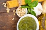 Italian Traditional Basil Pesto Pasta Ingredients Stock Photo