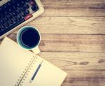 Office Desk With Coffee Background Stock Photo