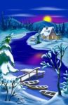 Magic River Landscape At Moon  Christmas Night Stock Photo