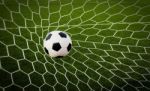 Soccer Football In Goal Net With Green Grass Field Stock Photo