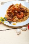 Italian Seafood Spaghetti Pasta On Red Tomato Sauce Stock Photo