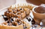 Delicious Sweet Dessert : Homemade Waffle With Chocolate Sauce , Stock Photo