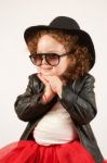 Little Girl Fashion Model With Black Hat Stock Photo