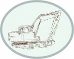 Mechanical Digger Excavator Oval Etching Stock Photo