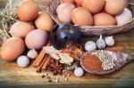 Dry Spice Herb And Fresh Egg On Wood Table Stock Photo