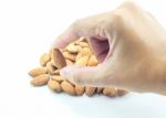 Hand On Almond Grain Isolated On White Background Stock Photo