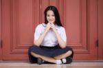 Portrait Of Thai High School Student Uniform Teen Beautiful Girl Happy And Relax, Stock Photo