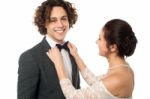 Bride Adjusting Her Man's Bow Tie Stock Photo