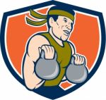 Strongman Lifting Kettlebell Crest Cartoon Stock Photo