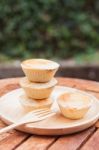 Mini Pies On Wooden Plate Stock Photo