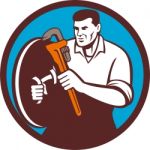 Plumber Brandishing Wrench Circle Retro Stock Photo