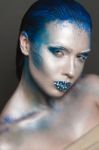 Art Makeup With Blue Hair And Rhinestones Stock Photo