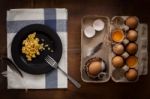 Eating Scrambled Eggs Flat Lay Still Life Rustic With Food Stylish Stock Photo