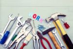 Repair Tools On Wooden Table Stock Photo