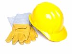 Hard Hat And Leather Gloves Stock Photo