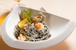 Seafood Black Spaghetti Stock Photo