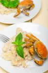 Italian Gnocchi With Seafood Sauce With Crab And Basil Stock Photo