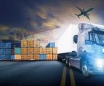 Working Man And Container Truck ,ship In Port And Freight Cargo Plane In Transport And Import-export Commercial Logistic ,shipping Business Industry Stock Photo