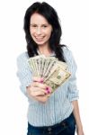 Young Woman With Dollars In Her Hands Stock Photo