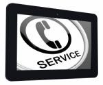 Service  Tablet Means Call For Customer Help Stock Photo