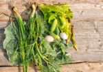 Vegetables And Eggs On Wooden Table Stock Photo