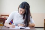 Portrait Of Thai Teen Beautiful Girl Writing Book Stock Photo