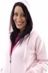 Portrait Of Cheerful Female Looking At Camera On White Background Stock Photo