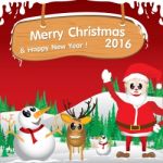 Merry Christmas And Happy New Year 2016. Santa Claus And Christmas Gift In Winter. White Snow And Christmas Tree On Red Background Stock Photo