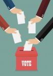 Businessmen Putting Papers In The Ballot Box Stock Photo